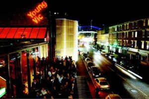 Young Vic Theatre in London during a busy event at night